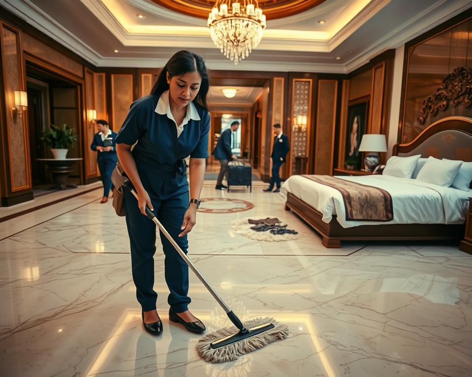 ICS hospitality-trained housekeeping staff at a client lobby